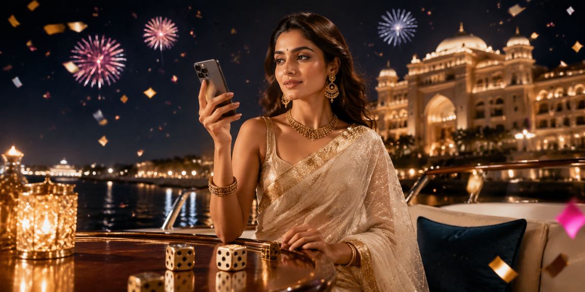 Indian woman playing Teen Patti card game on mobile in traditional saree
