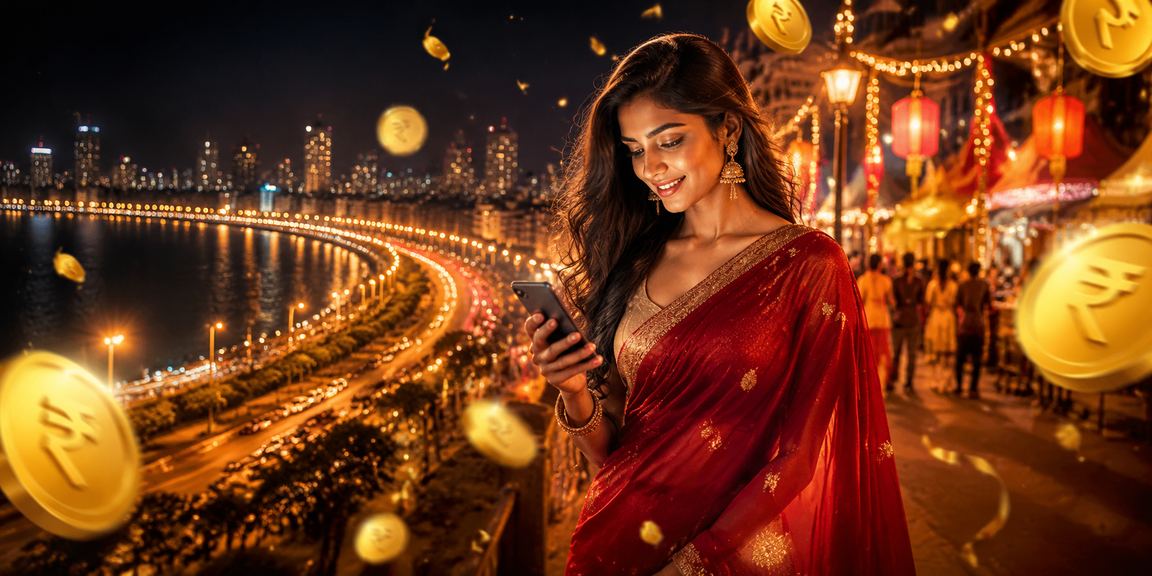Player enjoying Aviator game on smartphone along Mumbai Marine Drive with a rupee note
