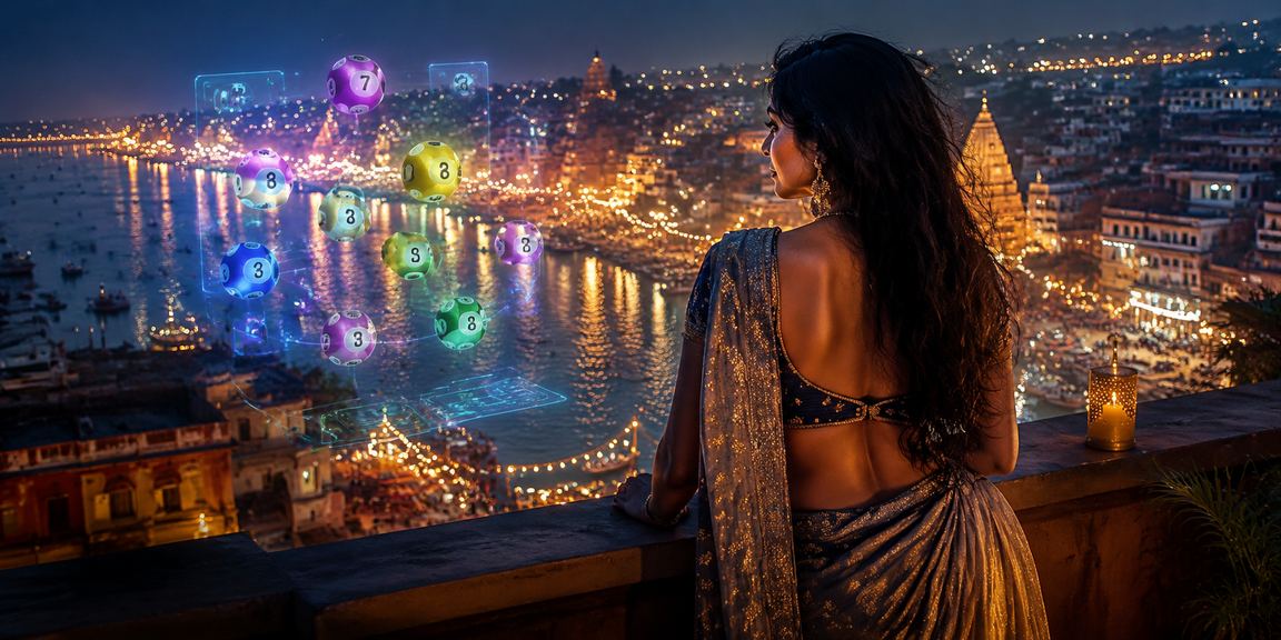 Scenic view of Varanasi Ghat with lottery ticket activity